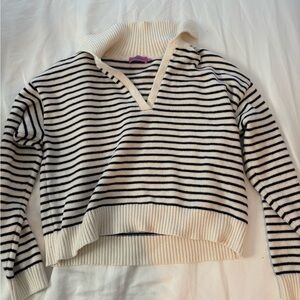 Edikted Cream and Black Striped V-Neck Mock Collar Sweater